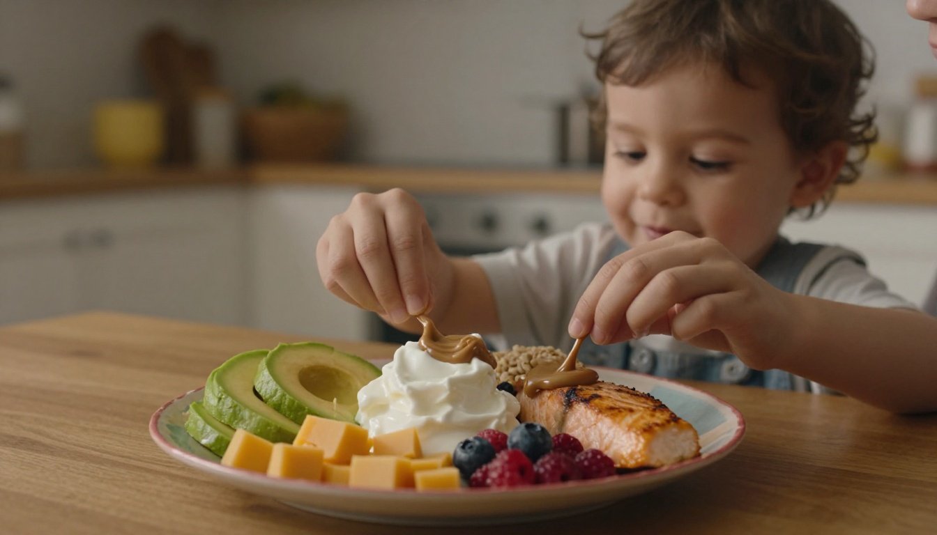 A mother helps a toddler reach for a plate of healthy, calorie-rich foods.