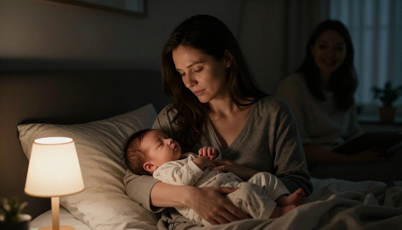 A mother holds her sleeping newborn as her younger reflection appears in a bedroom mirror.