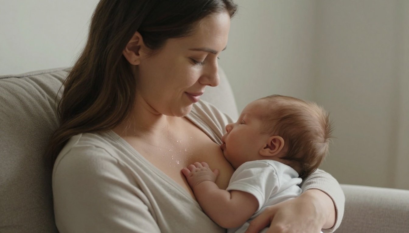 Mother breastfeeding her newborn in a softly lit armchair.