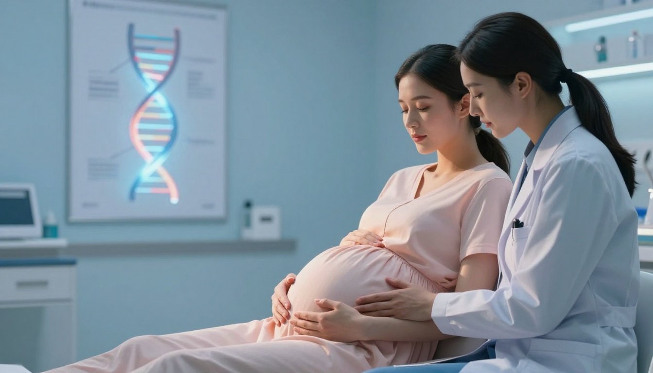 Pregnant woman consulting a doctor in a bright prenatal clinic.
