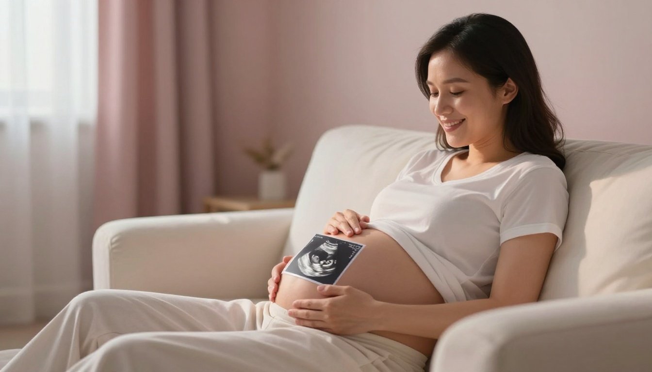 Pregnant woman cradling her belly beneath two glowing ultrasound silhouettes.