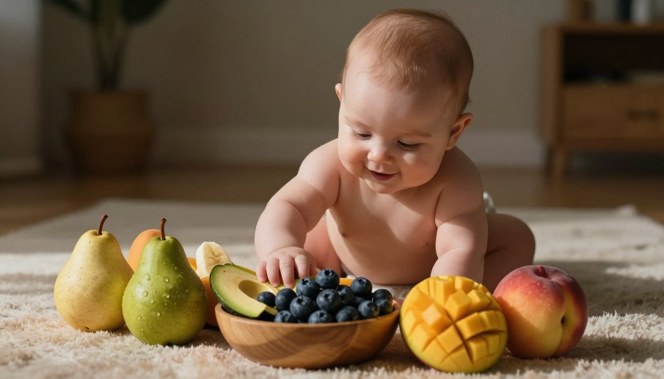 Smiling baby reaching toward a bowl of colorful sliced fruits.