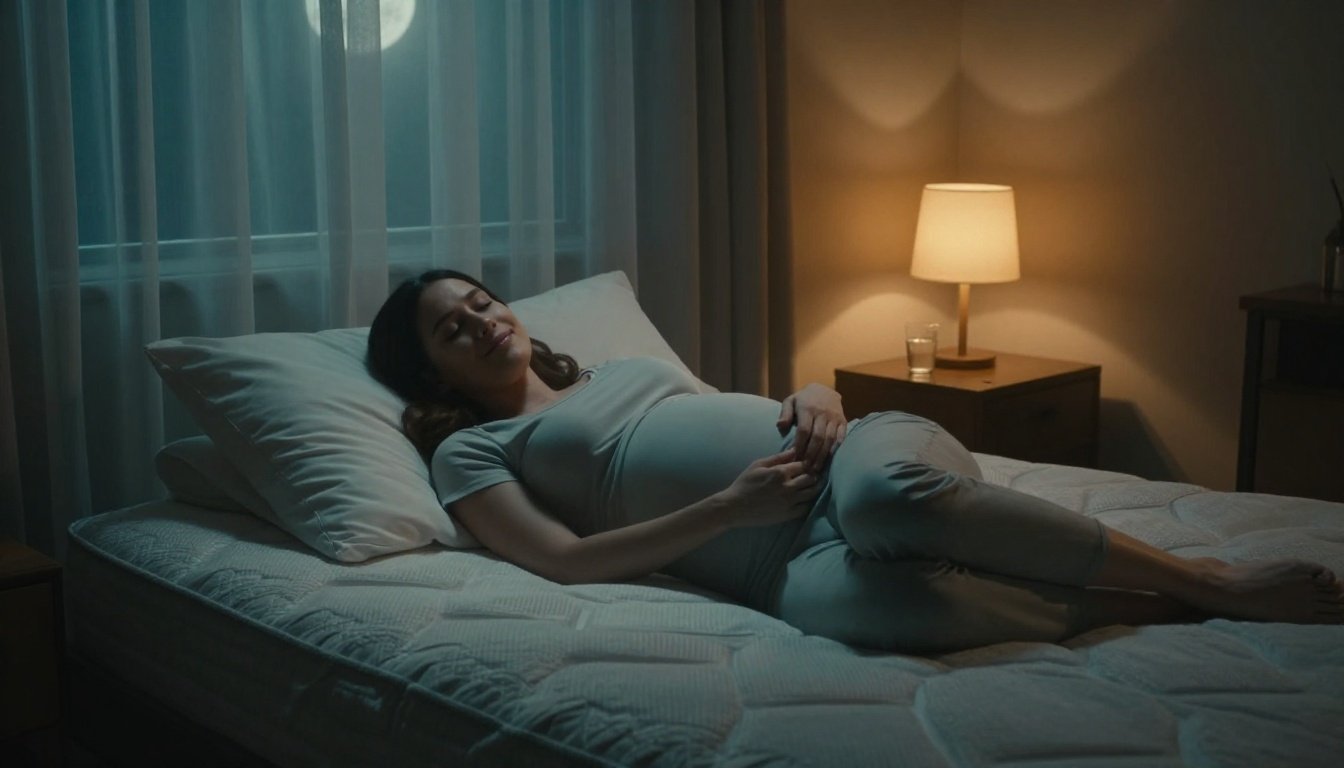 Pregnant woman sleeping on her side with support pillows in a softly lit bedroom.