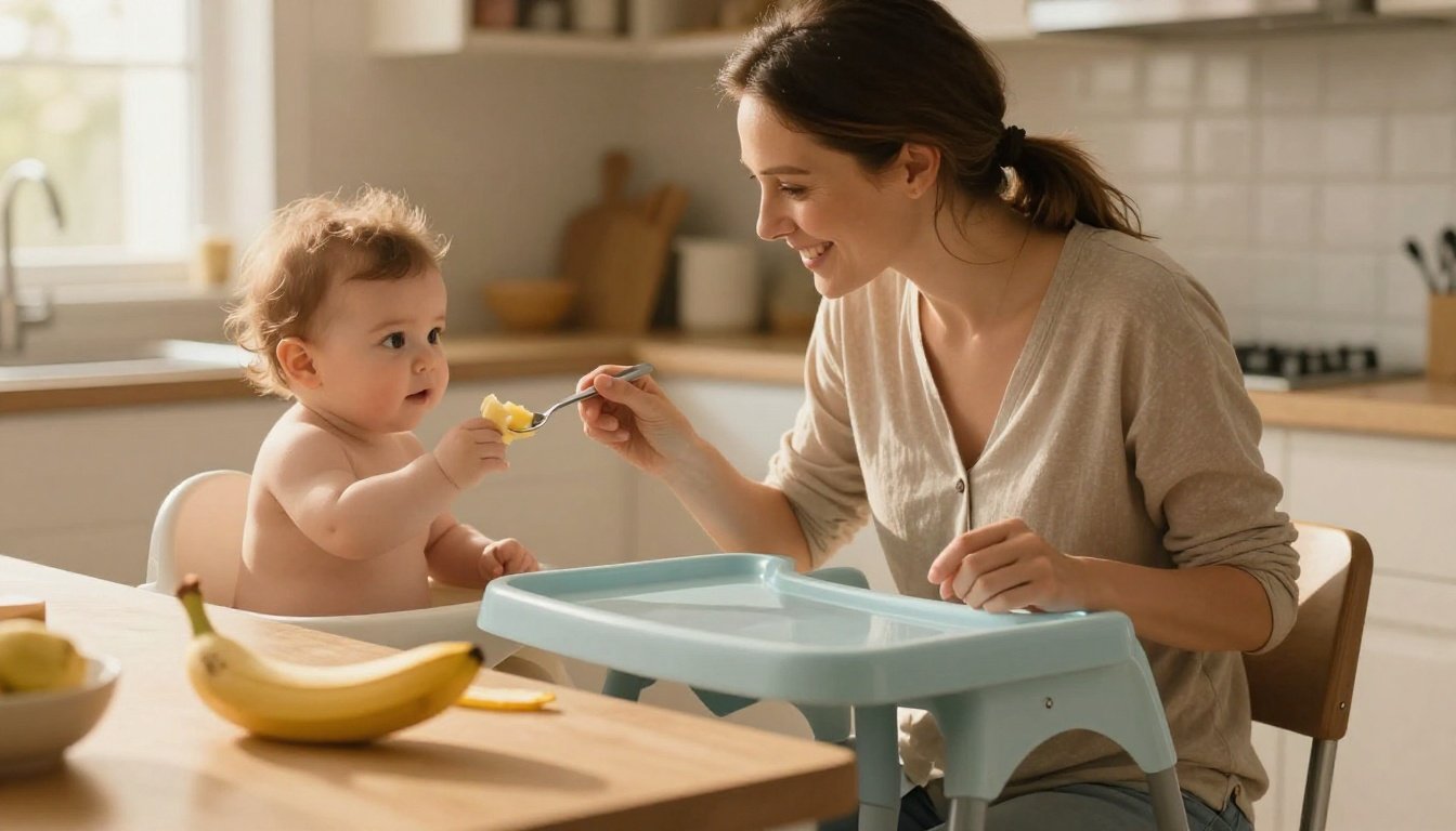 Mother feeding banana mash to a baby beside a blue high chair.