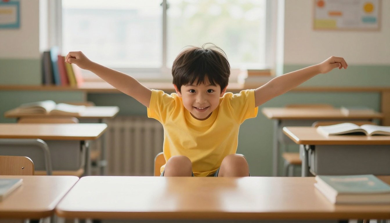 Smiling child doing a cross-crawl exercise in a sunlit classroom.