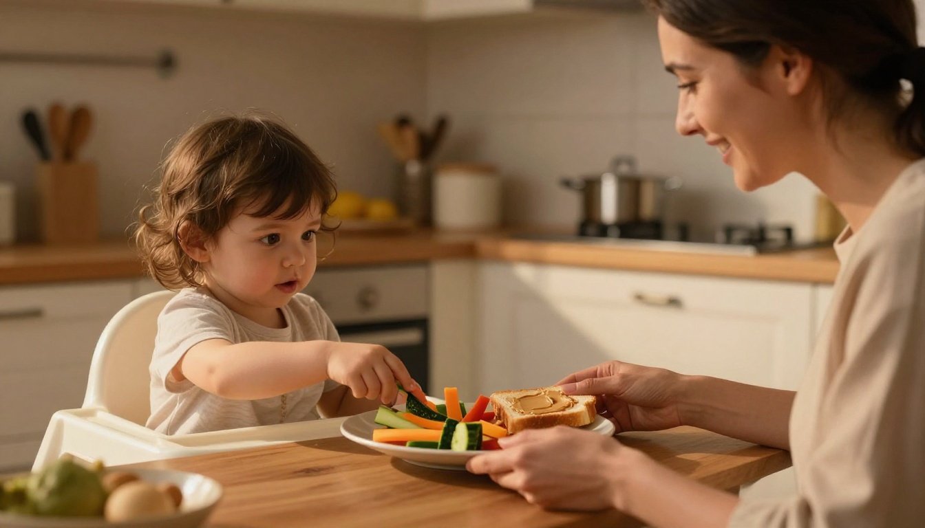 Mother offers vegetables and toast to a curious toddler in a warm kitchen.