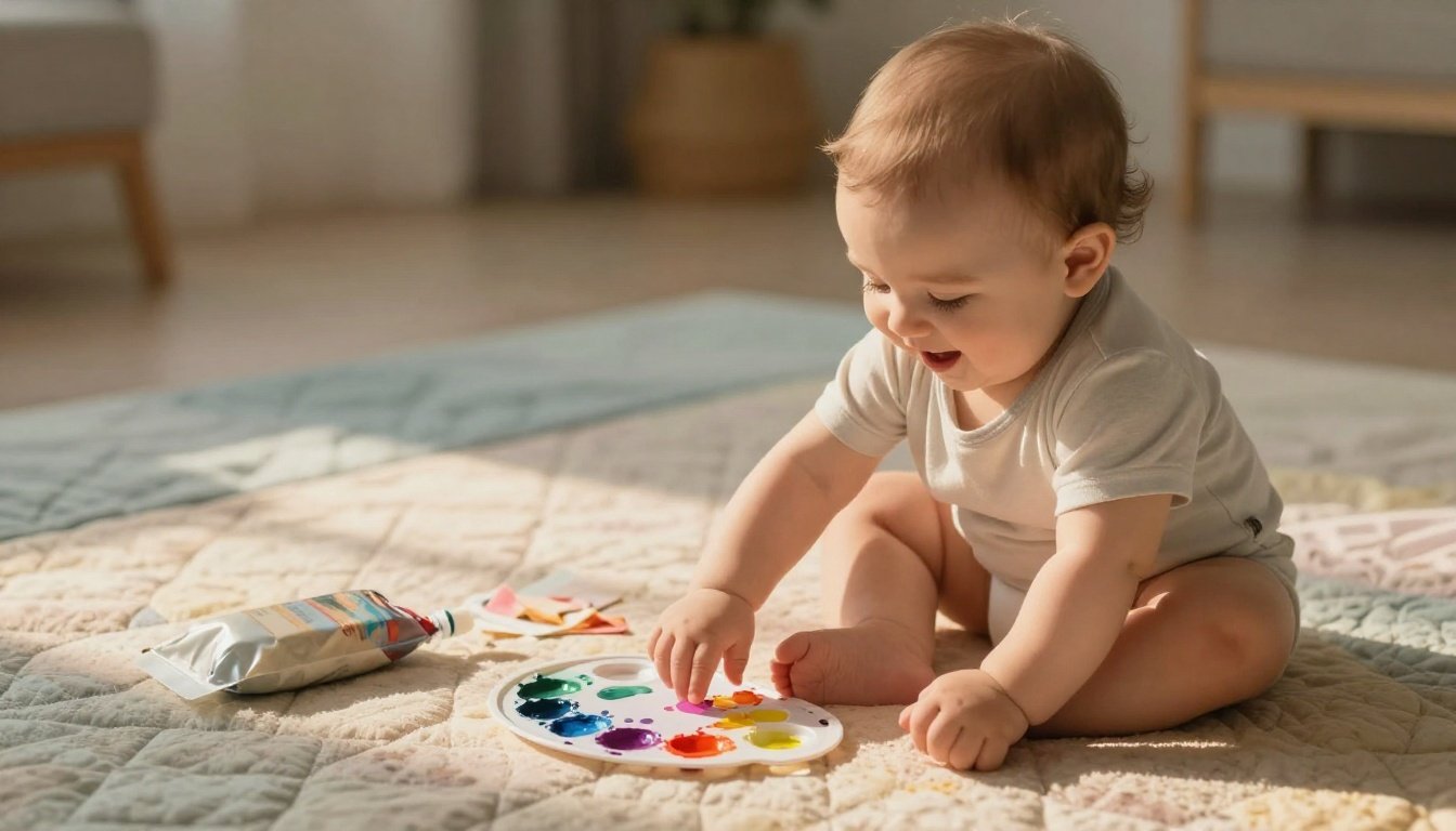 Smiling baby reaching toward finger paints on a pastel rug.