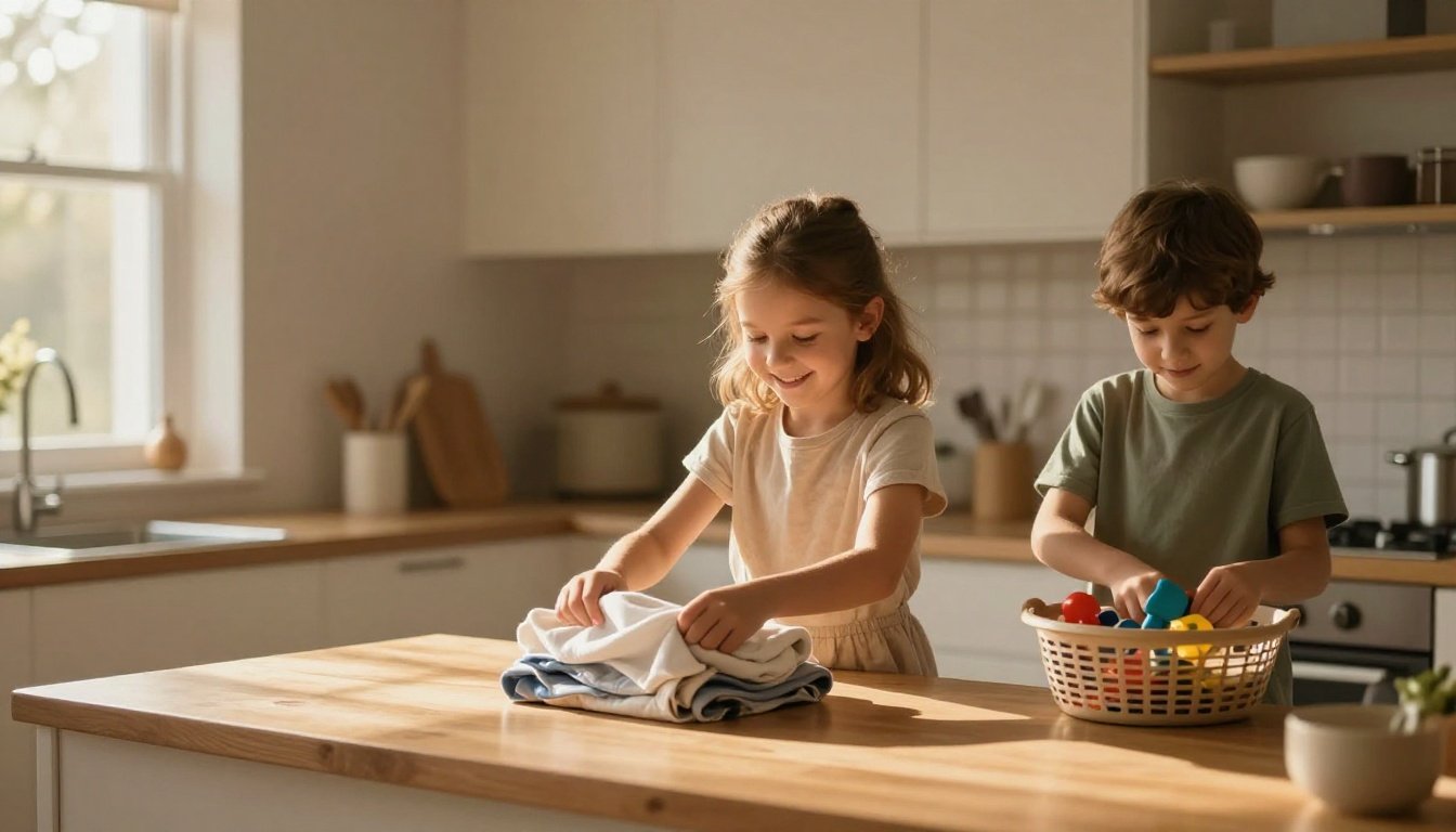 A girl folds laundry while her younger brother puts toys in a basket.