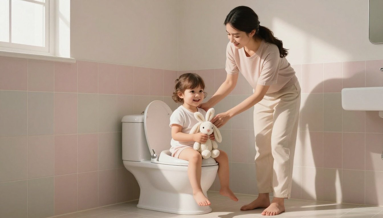 Mother comforts a toddler sitting on a potty chair with a stuffed bunny.