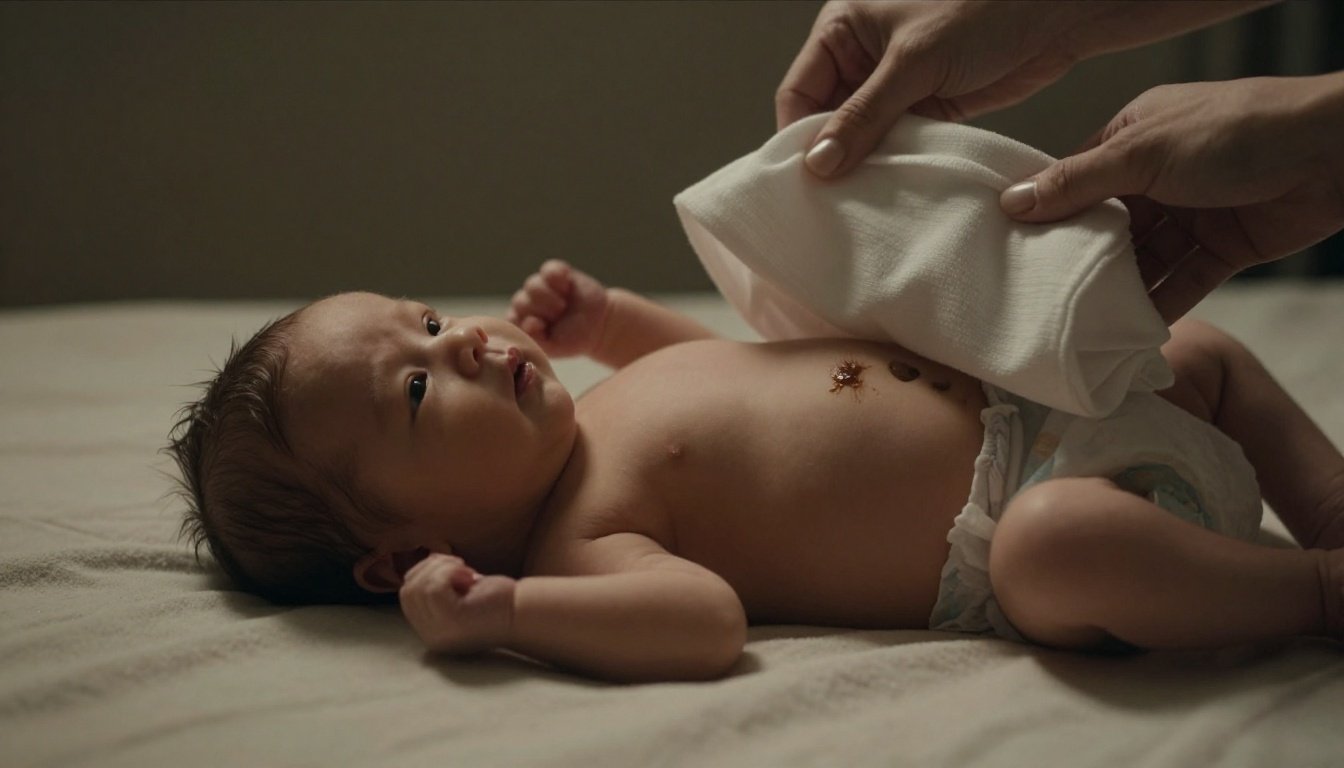 Mother lifts a cloth to show a dark mark in a newborn’s diaper.