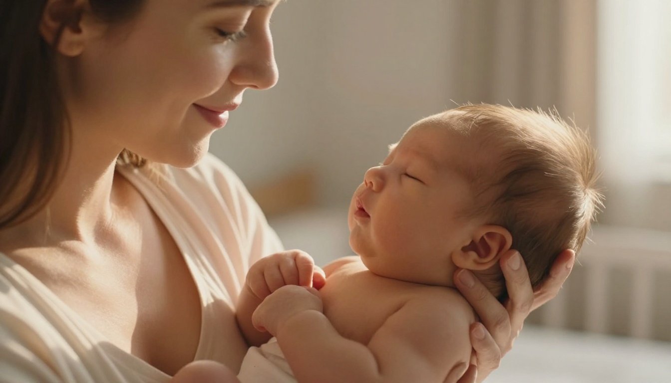 A mother breastfeeding her newborn in a softly lit nursery.