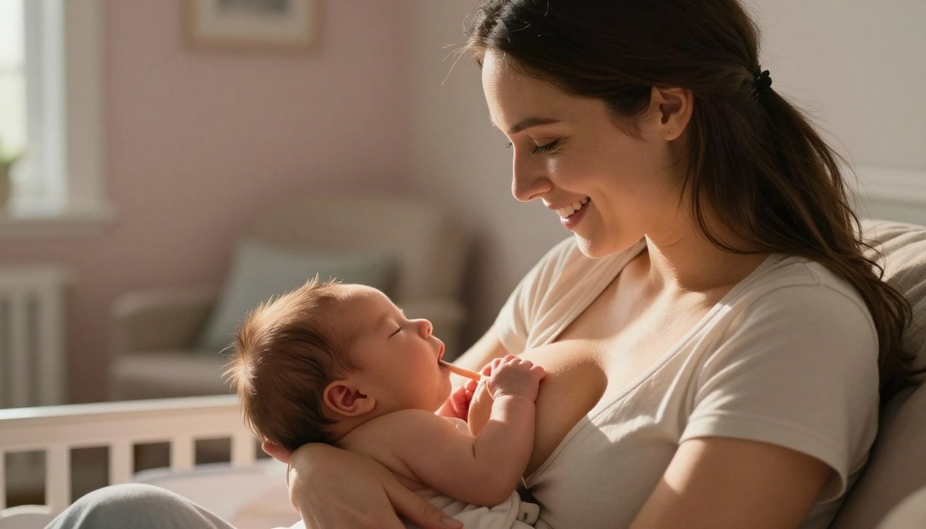 A mother breastfeeds her newborn in a softly lit nursery.