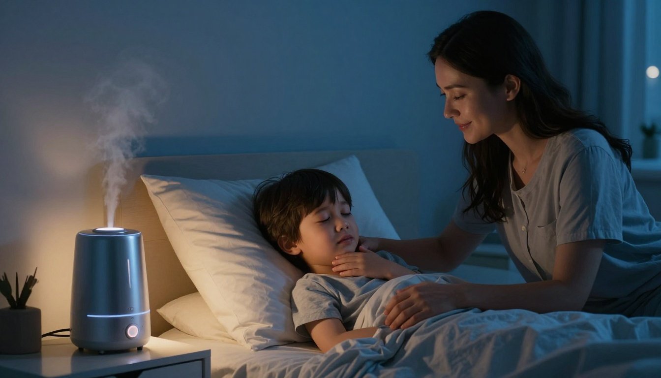 A mother comforts a child in bed beside a glowing humidifier.