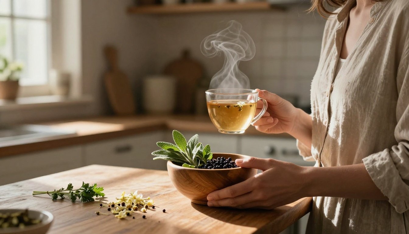 Mother holding herbal tea and a bowl of fresh herbs in a rustic kitchen.