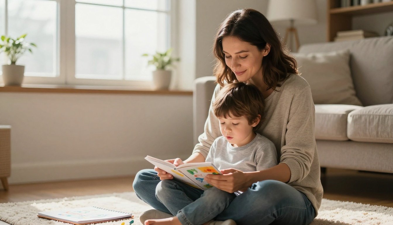 A mother helps a child practice calm breathing on a rug.