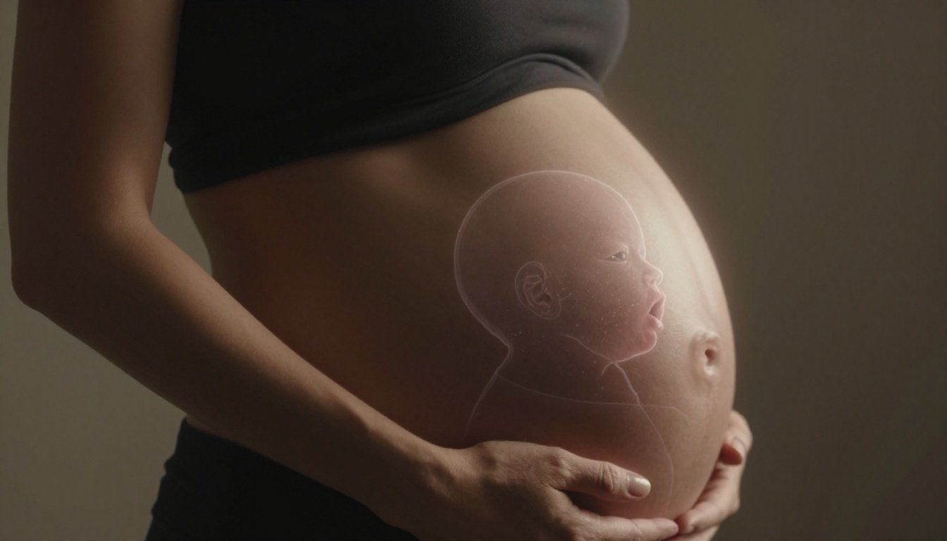 Pregnant woman holding her belly with a faint baby profile inside.
