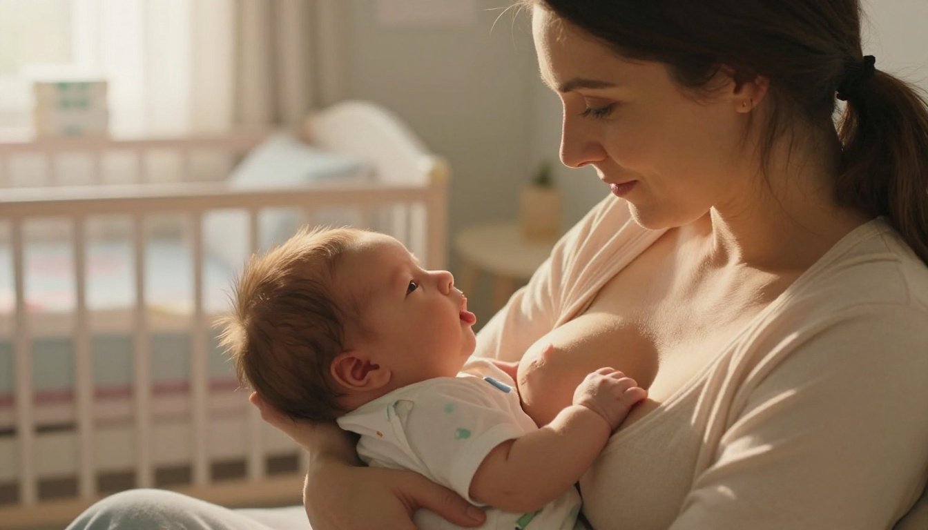 Mother breastfeeding a newborn in a softly lit nursery.