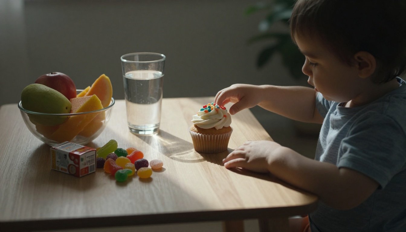 A toddler reaches for a frosted cupcake beside fruit, water, and sugary snacks.