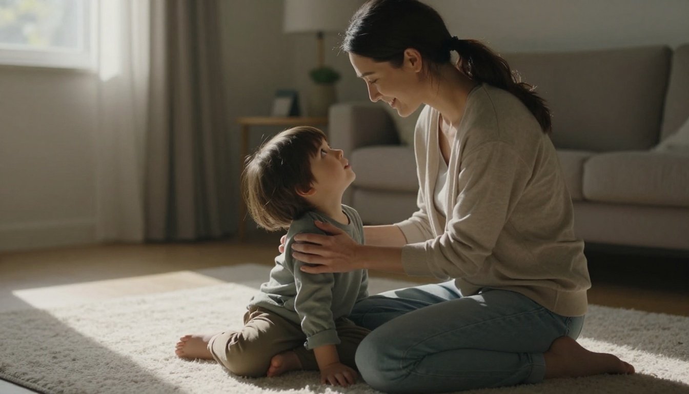Mother calmly speaks with a young child on a rug in a warm living room.