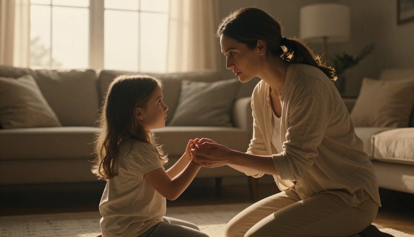 A mother holds her young daughter’s hands in a warmly lit living room.