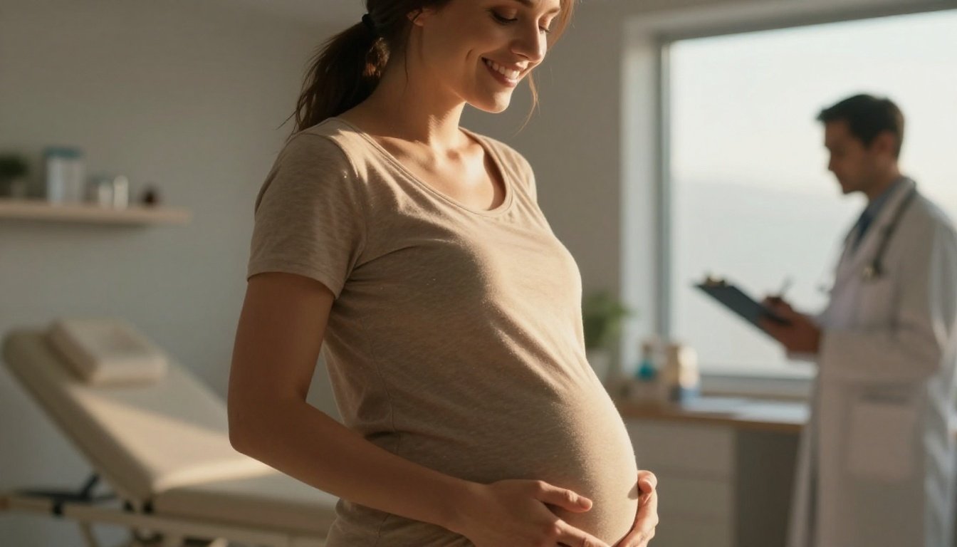 Smiling pregnant woman holding her belly as a doctor stands in a clinic.