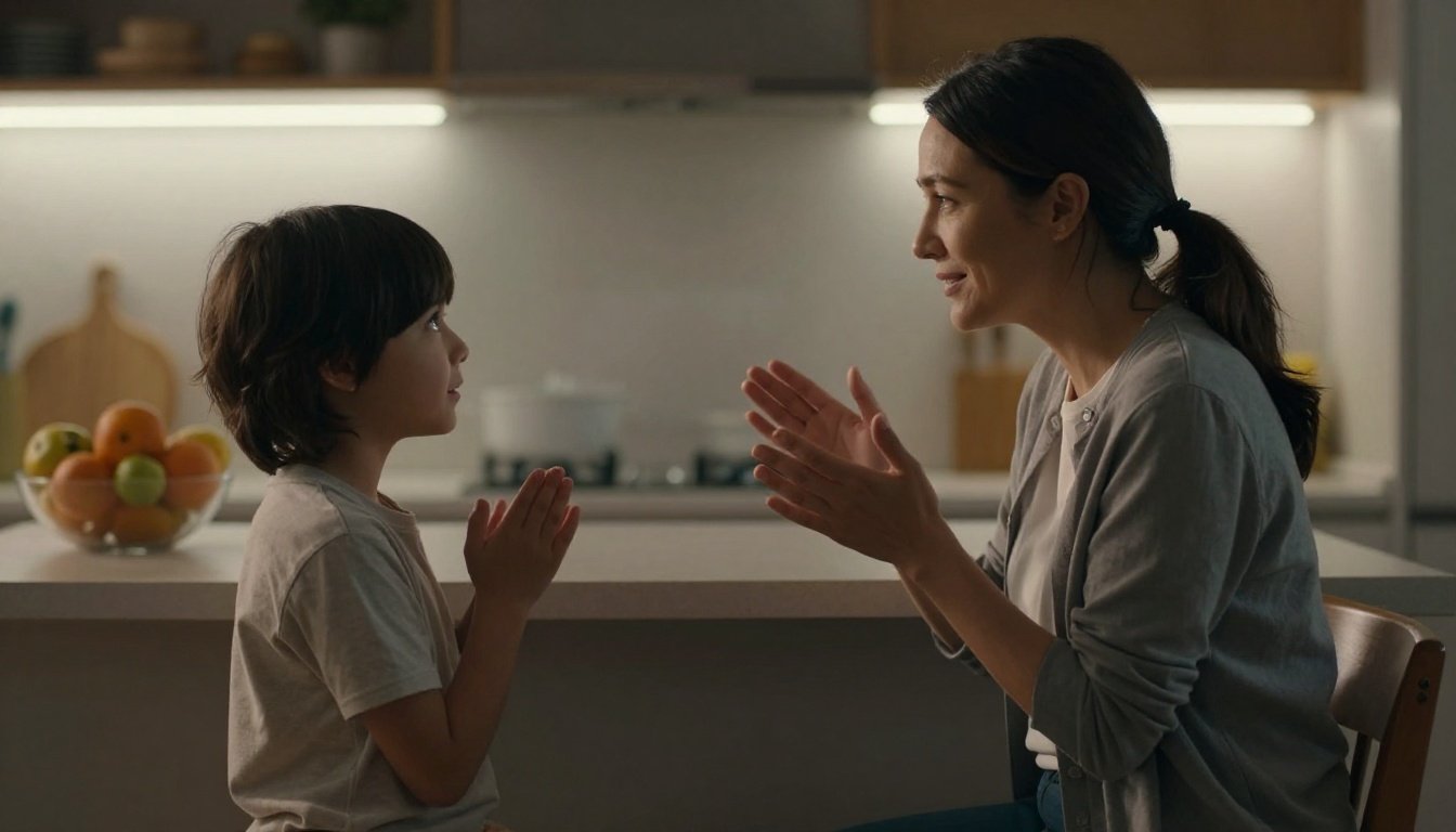A mother calmly explains something to her attentive child in a softly lit kitchen.