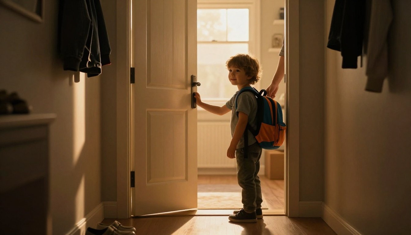 Child with a new backpack holds a parent’s hand by the front door.