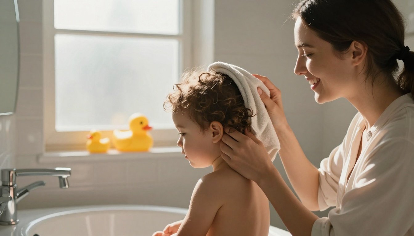Mother gently dries a toddler’s ear with a soft towel in a sunny bathroom.