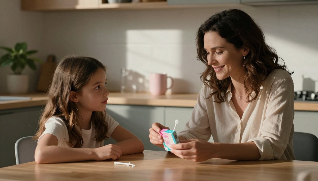 A mother shows her daughter an open tampon box at a kitchen table.