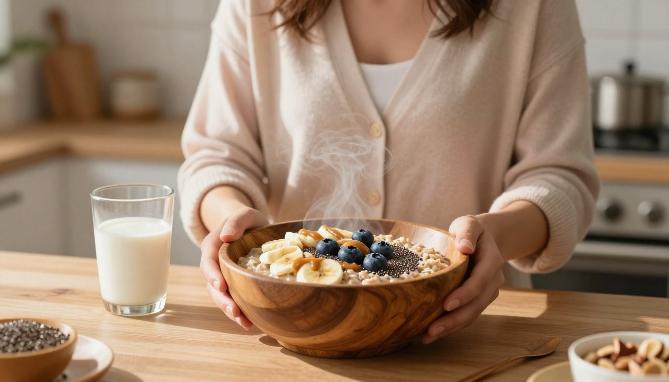 A mother stands beside oatmeal topped with fruit, chia seeds, and almond butter.