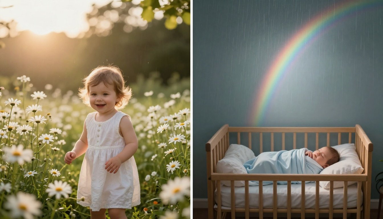A toddler plays in a sunny garden beside a newborn resting under a rainbow.