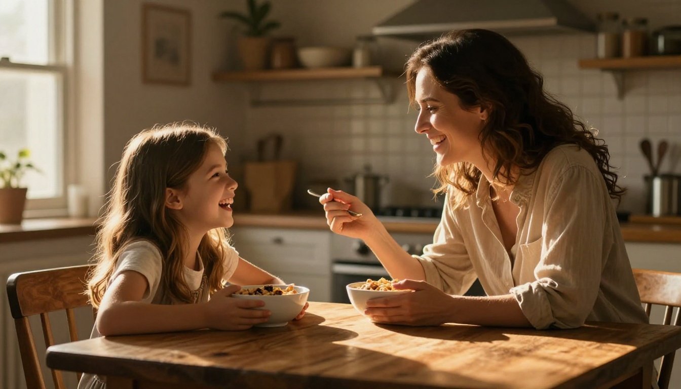 A mother and daughter laughing together over breakfast in a sunny kitchen.