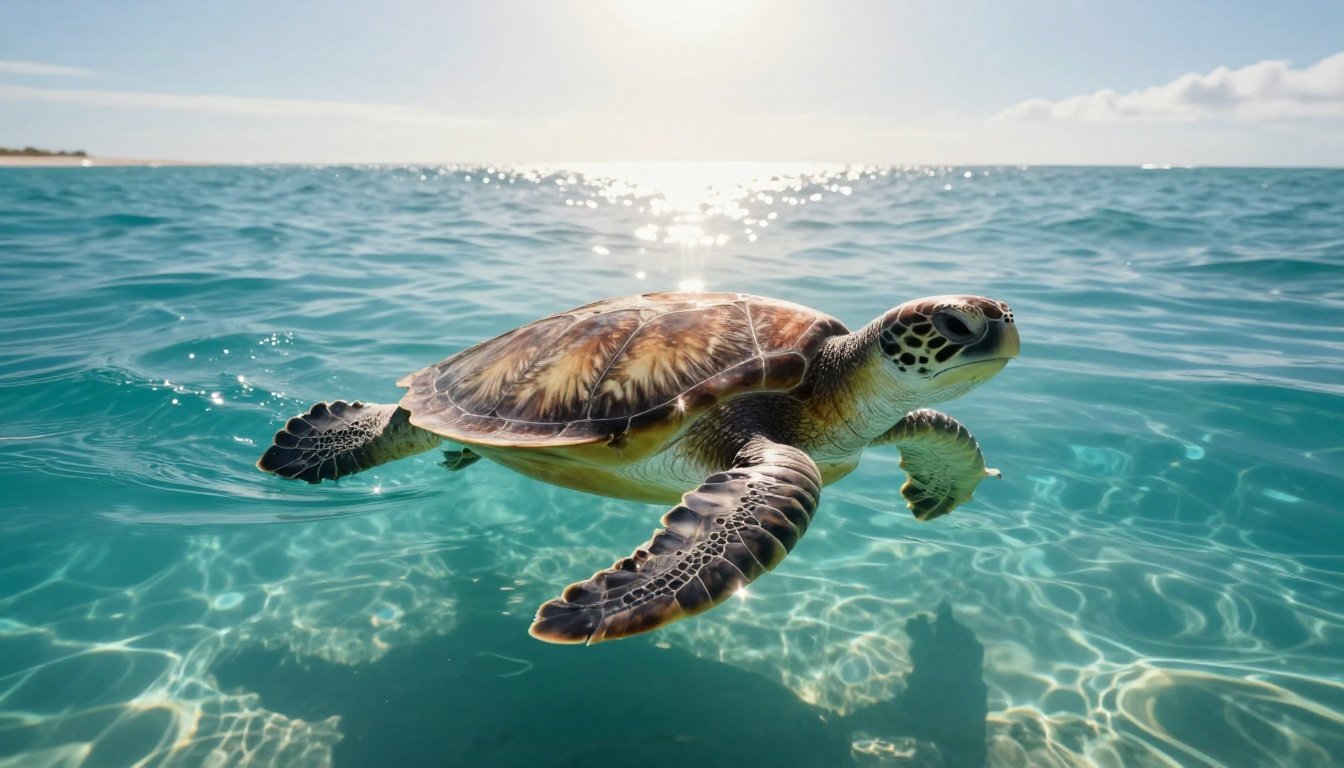 A sea turtle swims through bright turquoise water beneath sunbeams.
