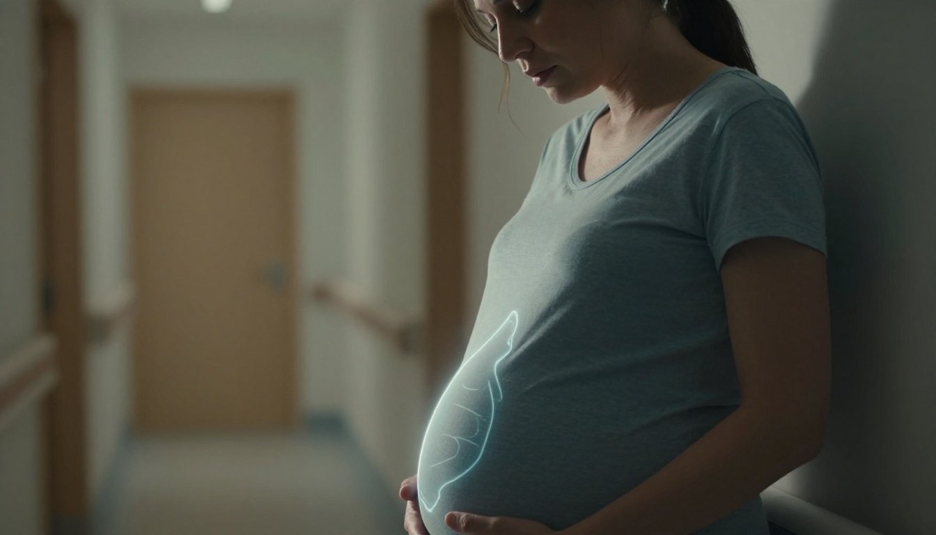 Pregnant woman holding her belly in a softly lit hospital hallway.