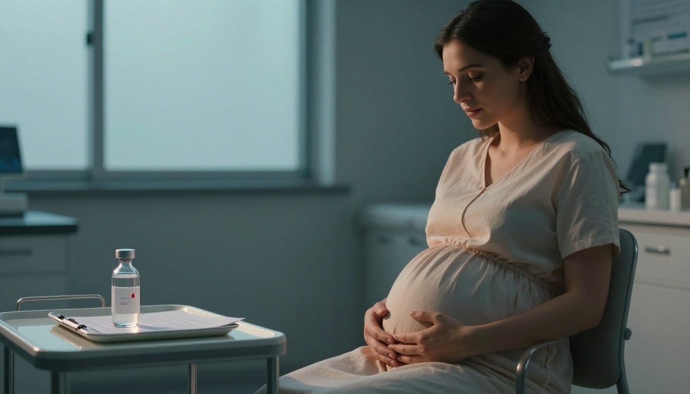 Pregnant woman beside a blood sample vial and open medical chart in a softly lit clinic.