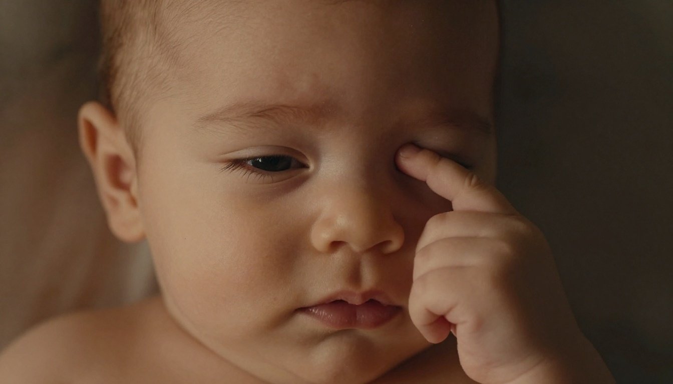 Baby with one eye closed while gently rubbing it with a tiny fist.