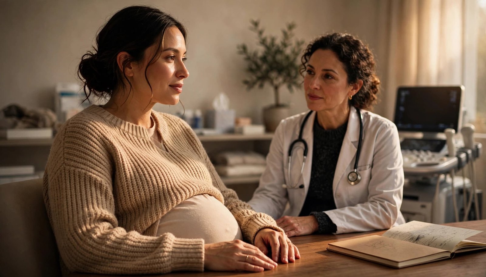 A pregnant woman meets with a female fertility specialist in a warm clinic room.