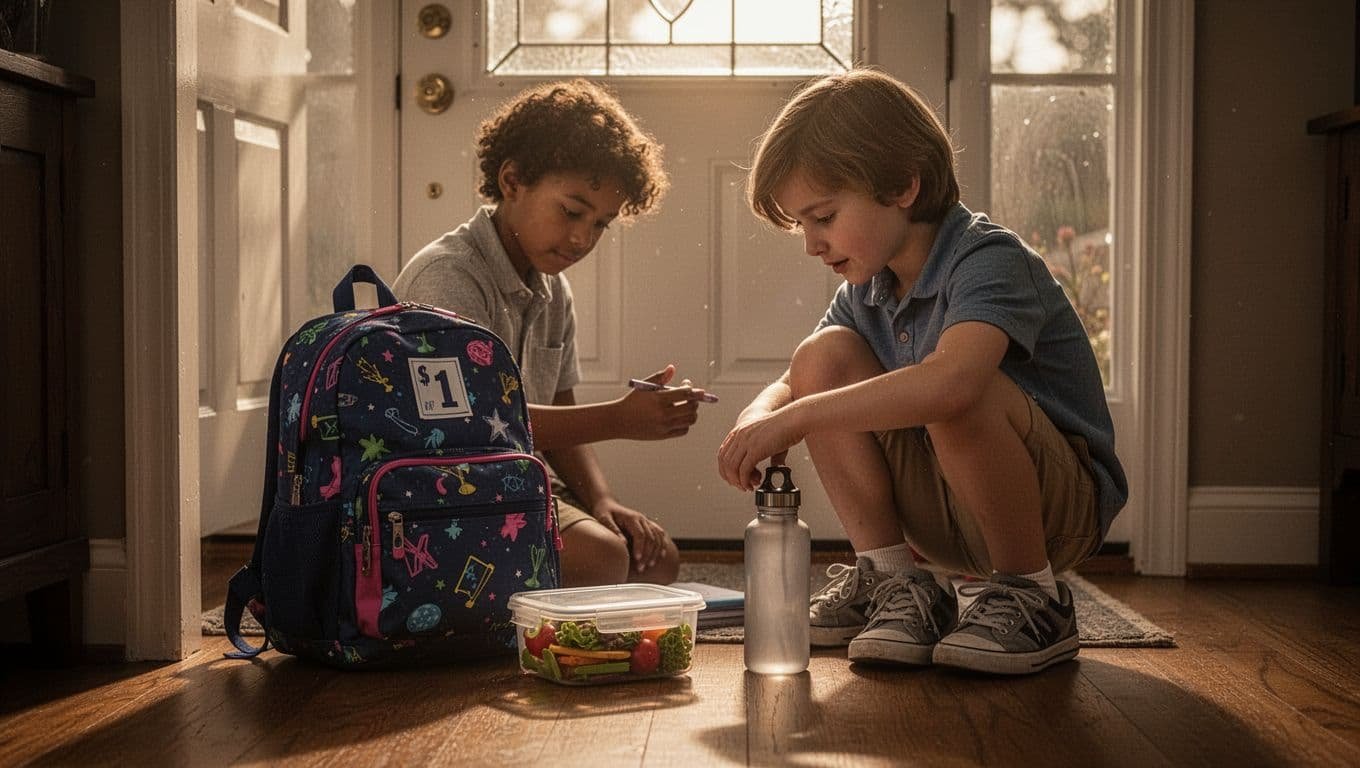 A child prepares for school beside a backpack, lunch container, water bottle, and shoes.