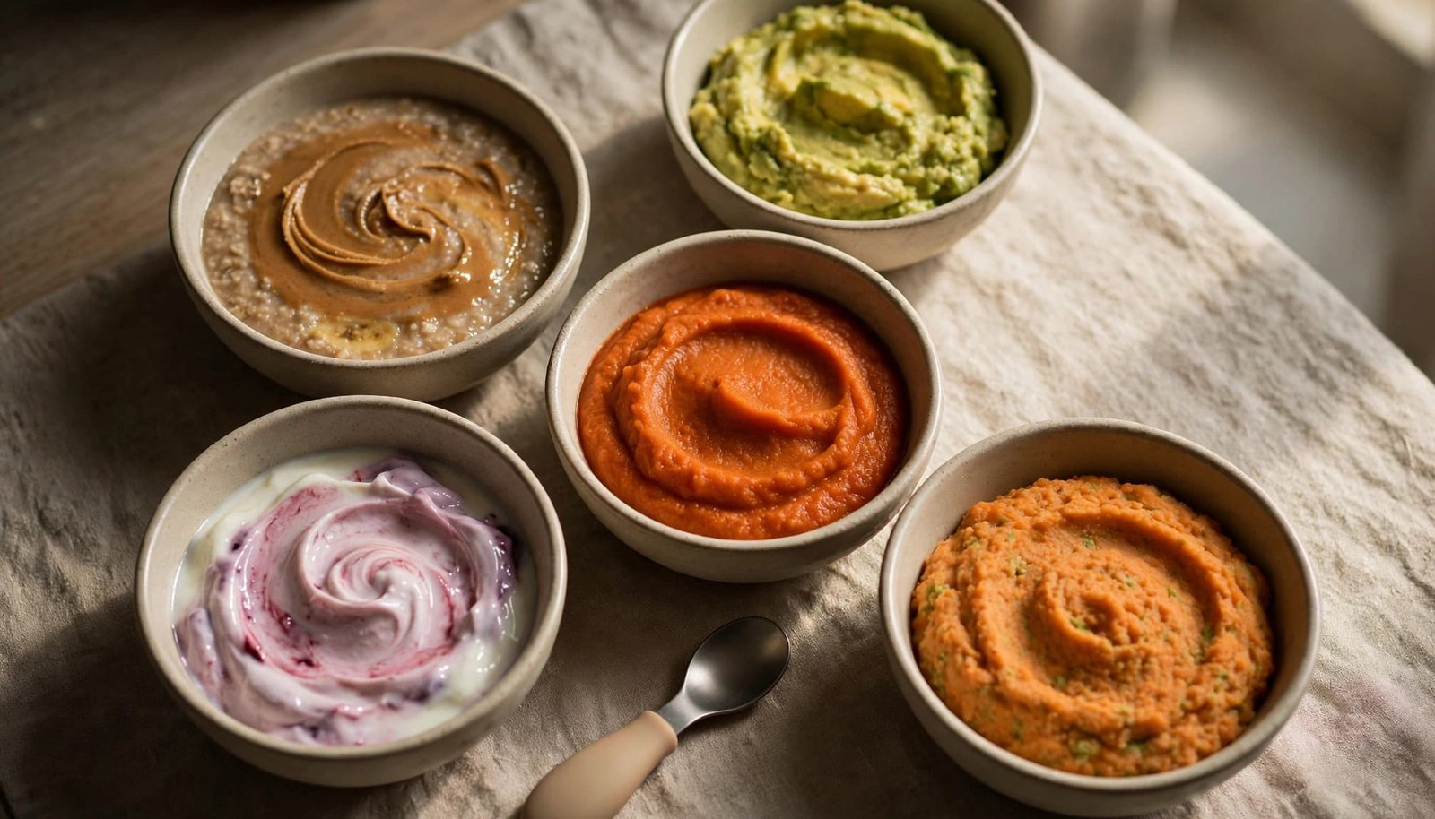 Five bowls of colorful soft baby foods with a spoon on a kitchen table.