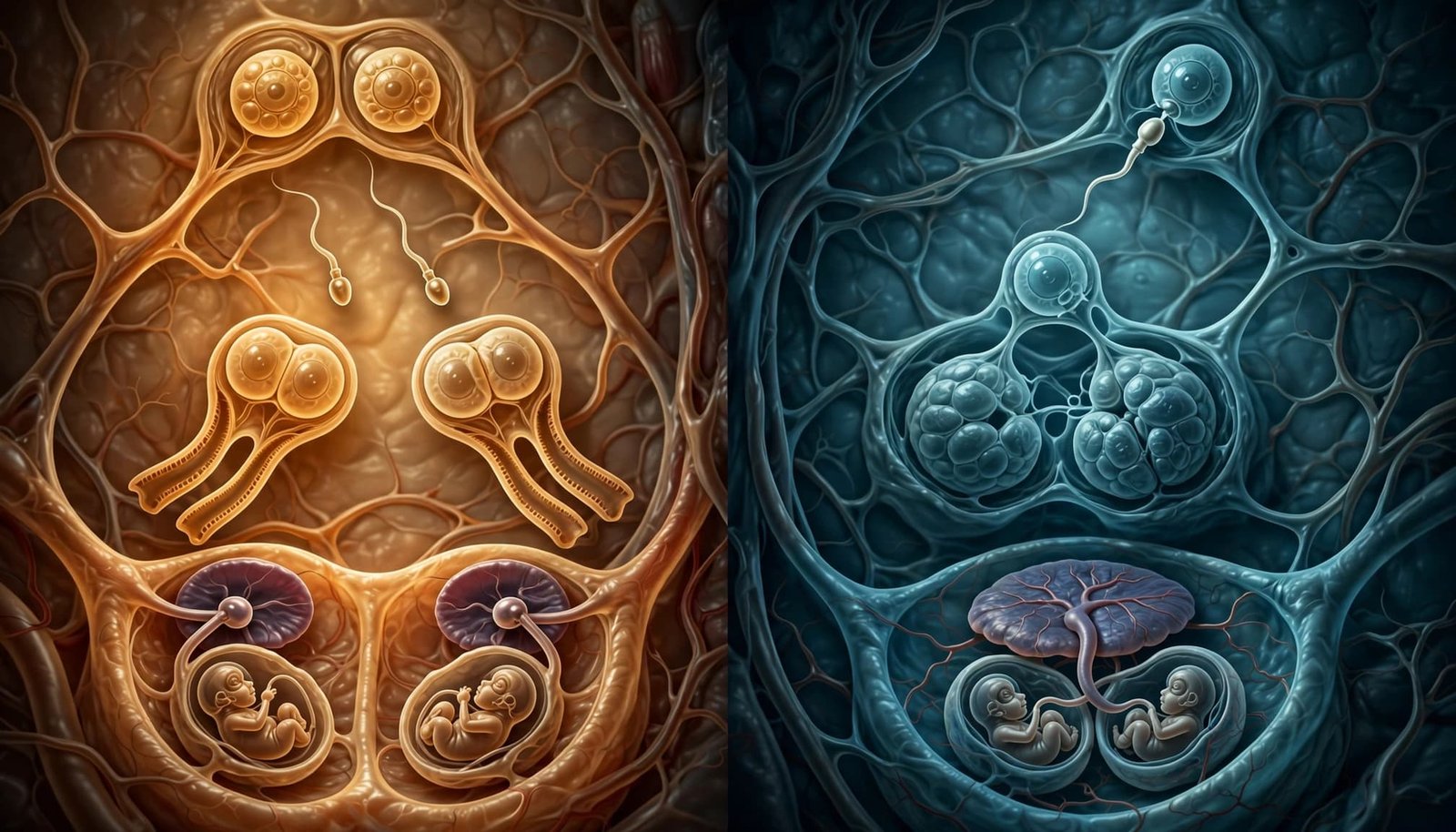 Two pathways show separate fertilization and embryo splitting in twin development.