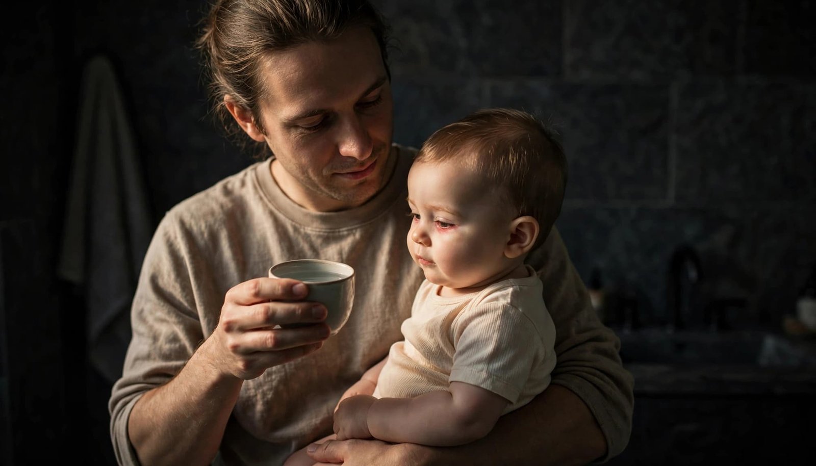 Parent prepares clean water near a baby’s irritated eye without touching it.