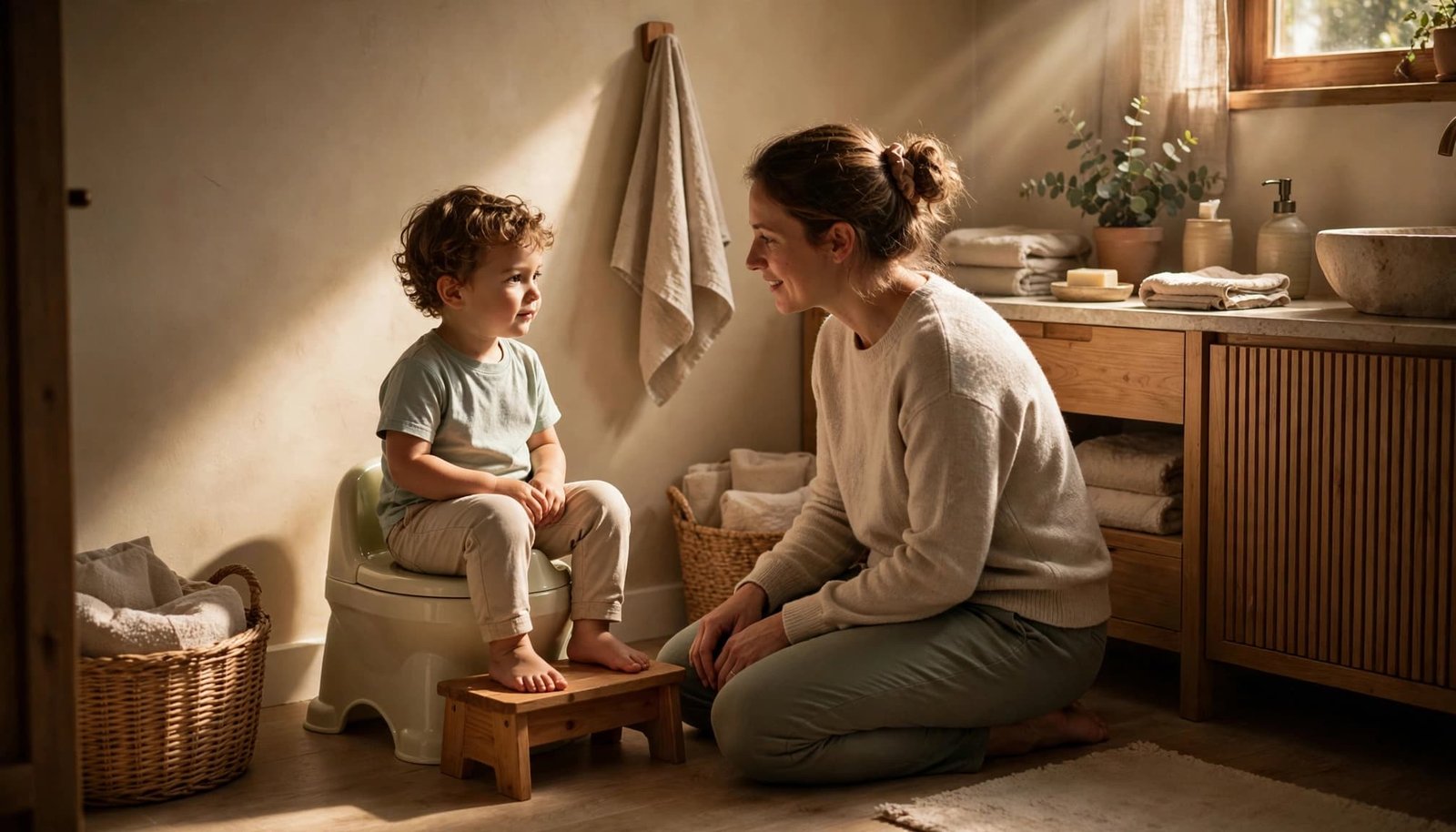 A toddler uses a small potty while a parent kneels nearby in a tidy bathroom.