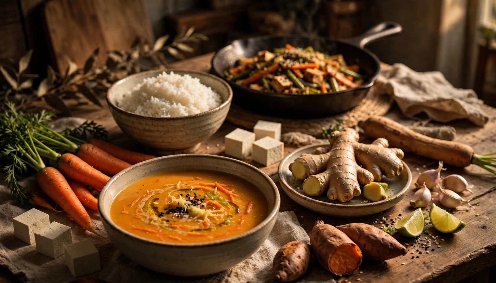 A bowl of ginger carrot soup with fresh ingredients and rice and stir-fry behind it.