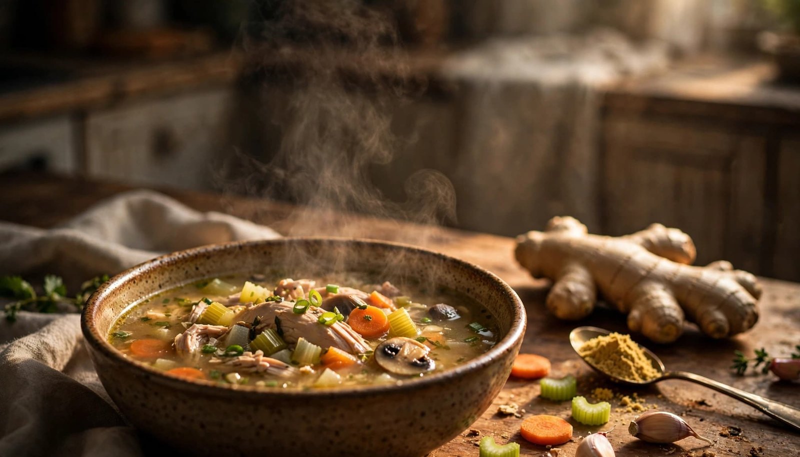 A bowl of chicken soup with fresh ginger and ground ginger on a wooden counter.