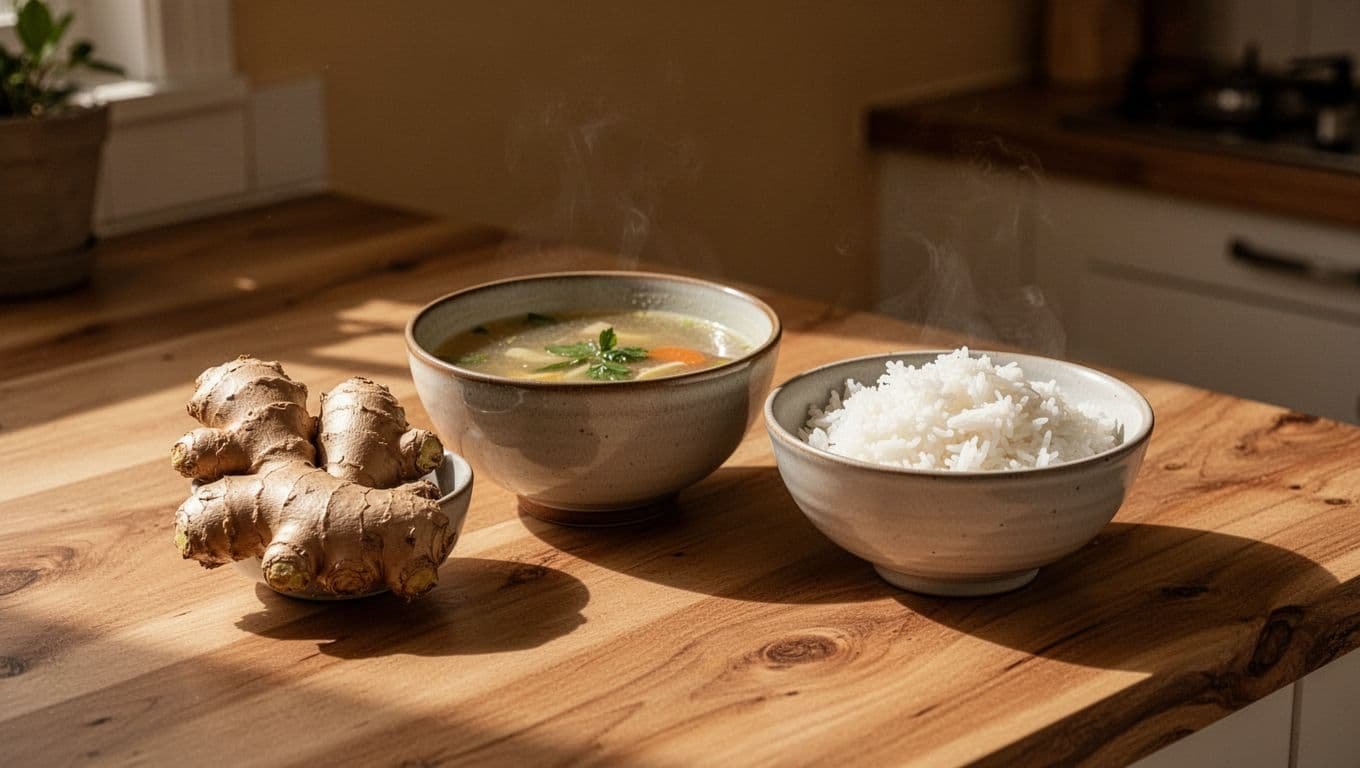 Fresh ginger, mild soup, and soft rice arranged on a wooden kitchen counter.