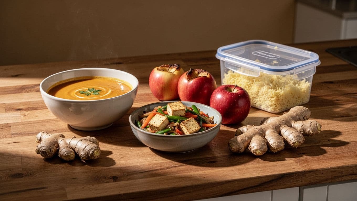 Ginger soup, stir-fry, baked apples, and prepared ginger sit on a wooden kitchen counter.