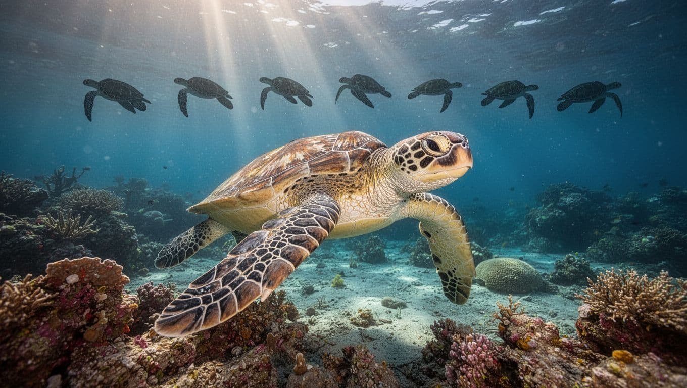 A green sea turtle swims above a colorful shallow reef in clear blue water.