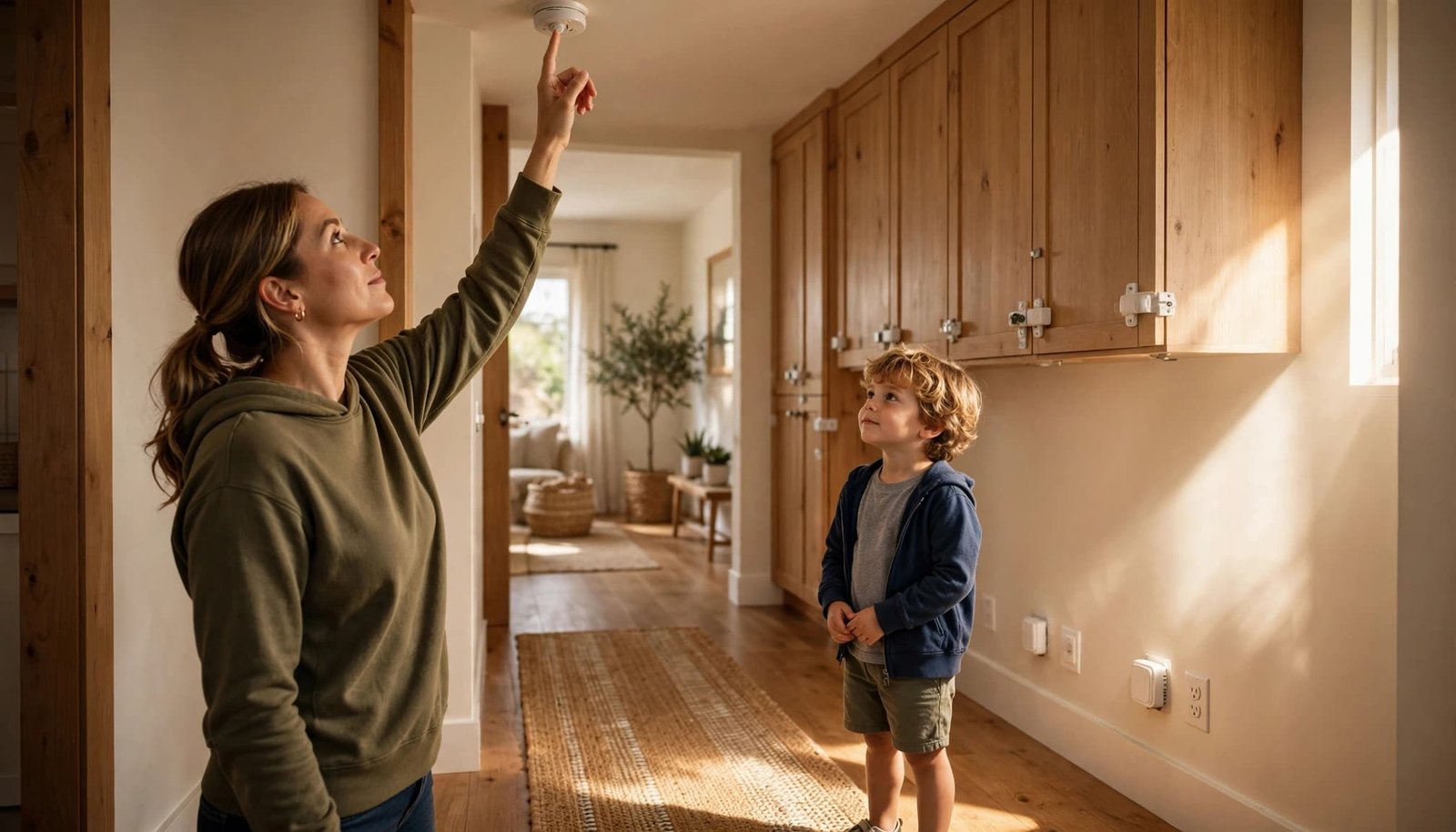 Parent checks a smoke alarm while a child stands safely in a hallway.