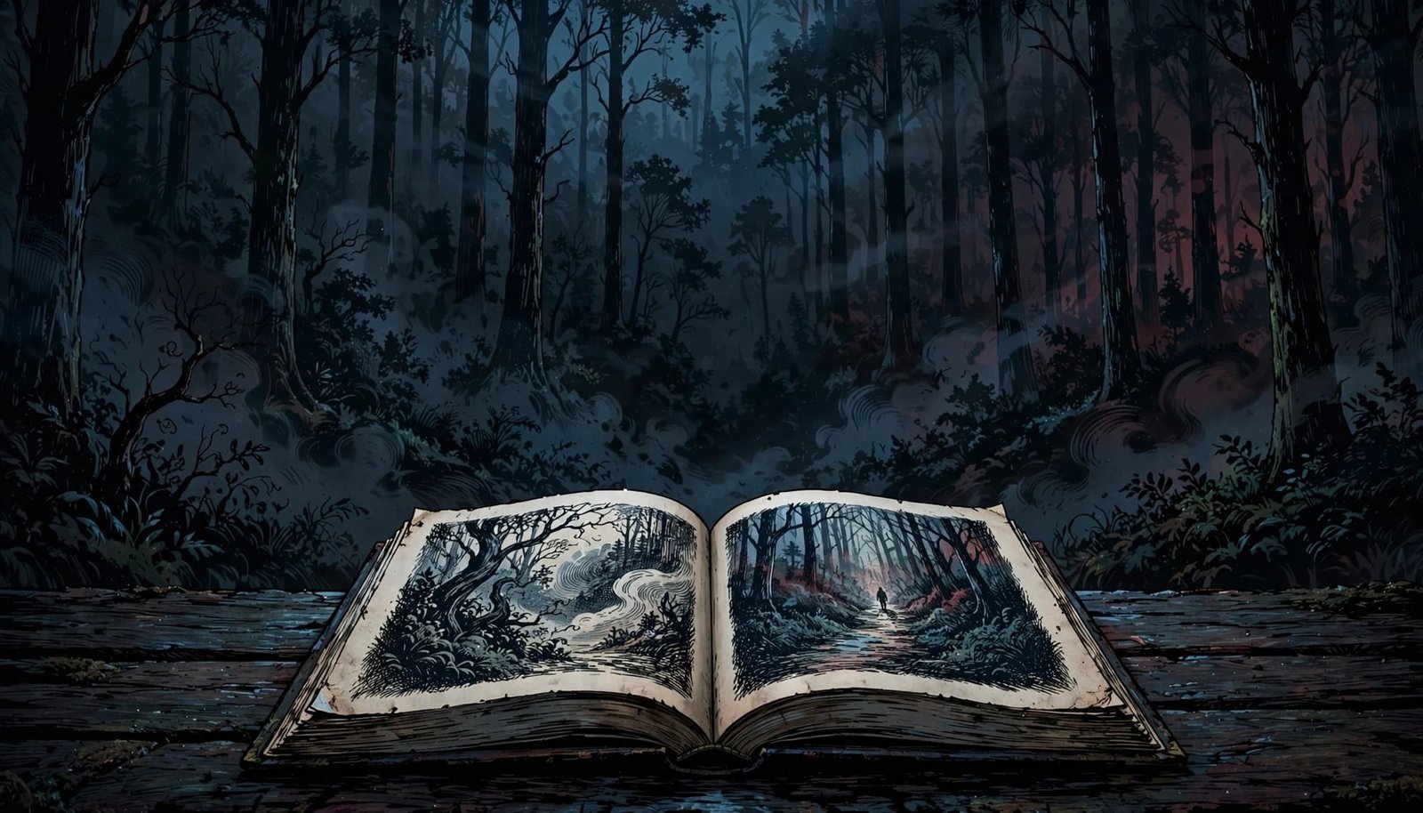 An open illustrated horror book shows a misty forest path and tiny distant figure.