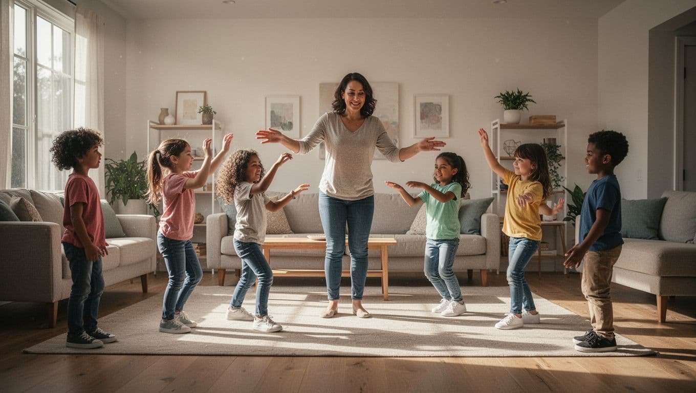 An adult leads four children in a playful dance game, with one child watching from the edge.